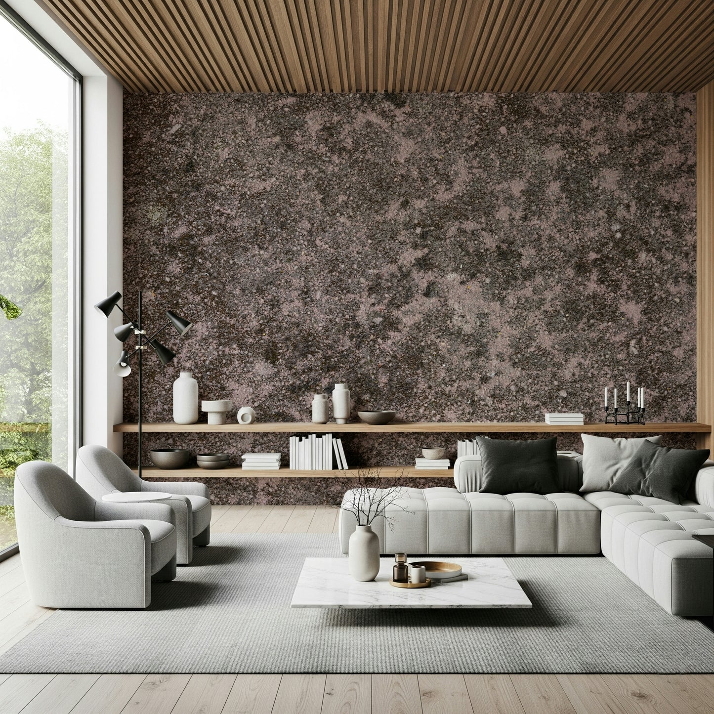 Full serene living room featuring the organic Mottled Earth wallpaper for walls.