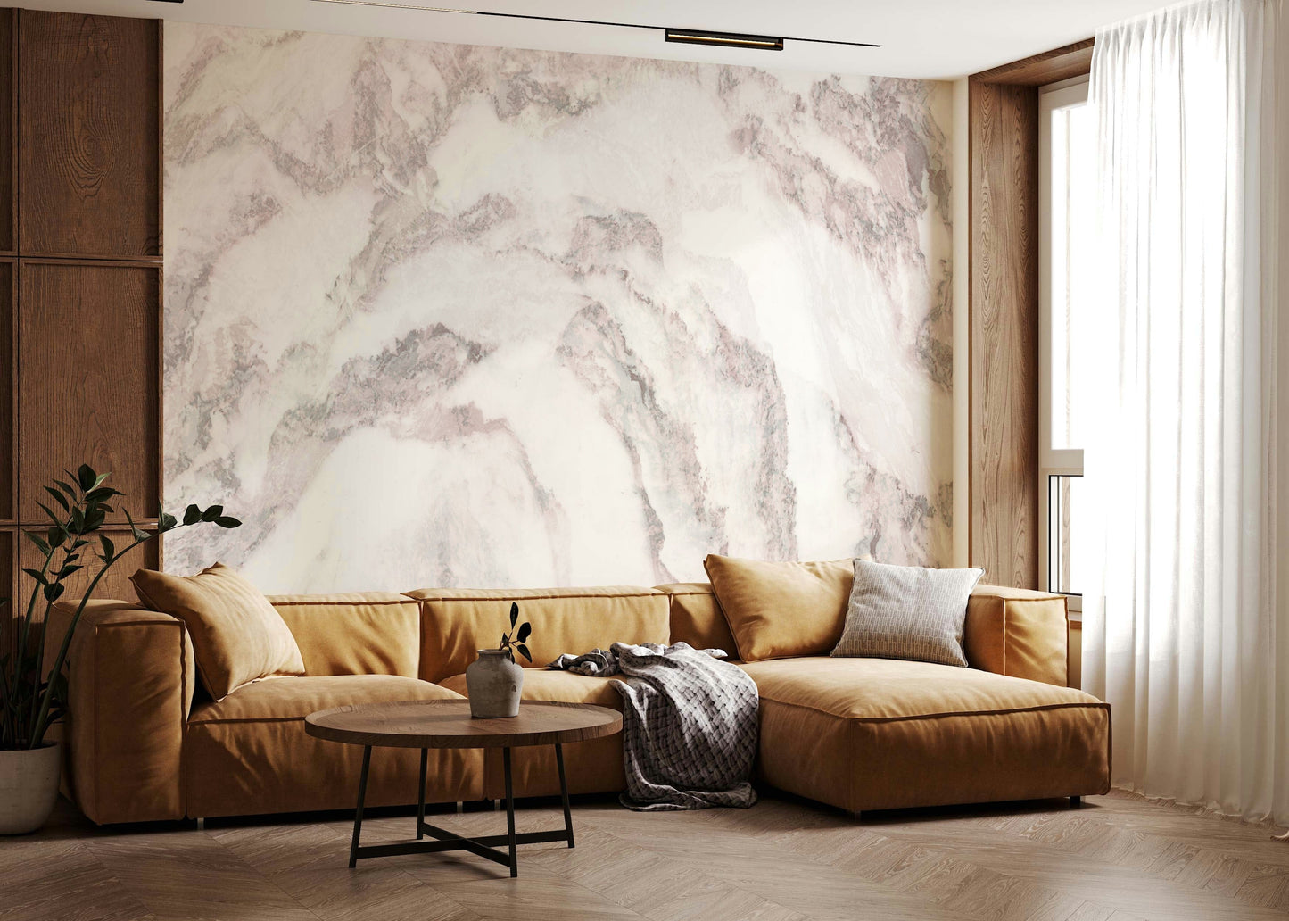 Installation image of the simple-to-apply Rose Quartz Marble peel and stick wallpaper.
