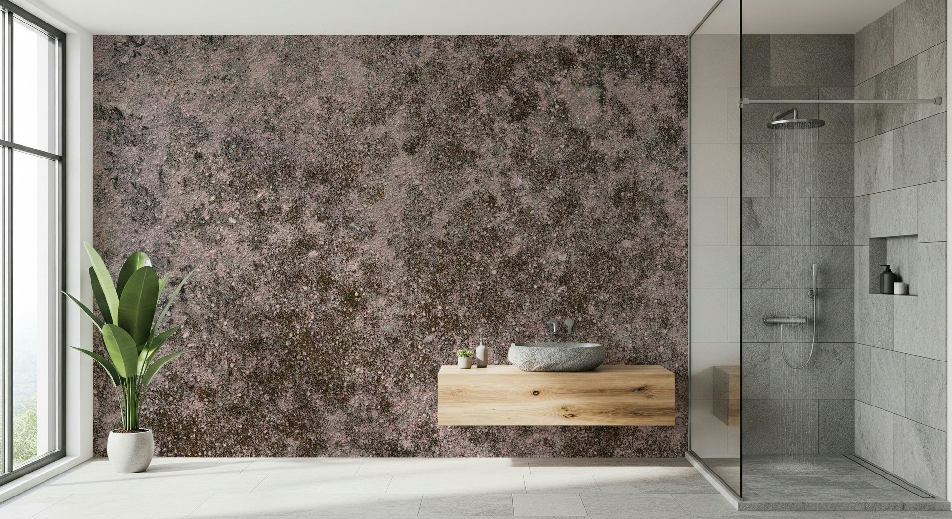 Office space with textured gray grunge finish wallpaper backdrop.