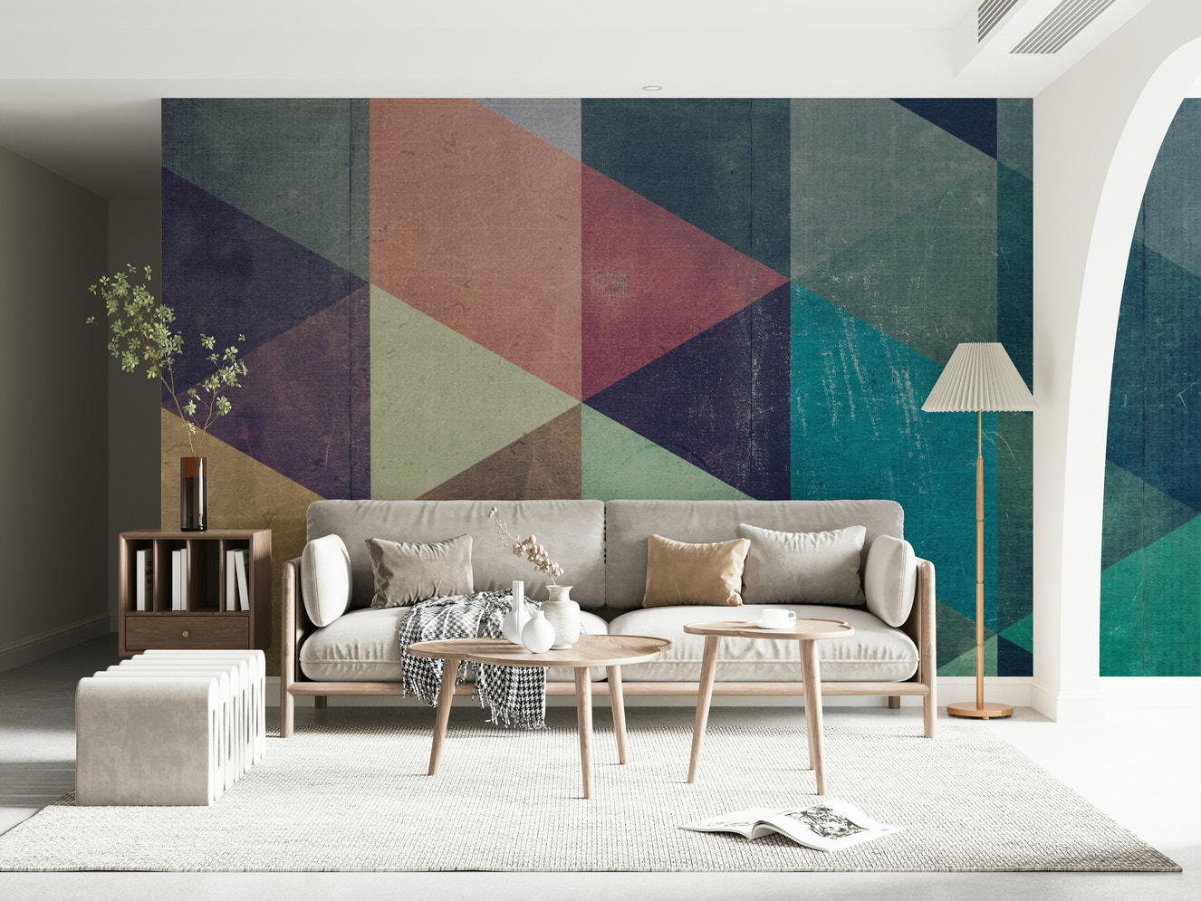 Retro Triangle Fusion mural pattern detail in a mid-century space.