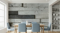 Accent wall showcasing the farmhouse-style distressed wood wallpaper mural.