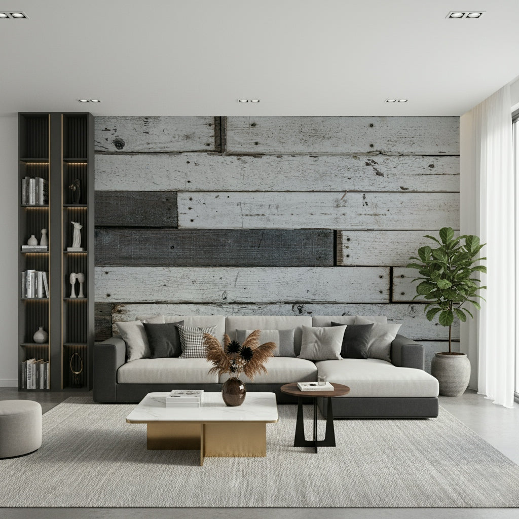 Vertical planks of the multi-toned Distressed Wood Panel wall mural.