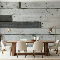 Accent wall showcasing the farmhouse-style distressed wood wallpaper mural.