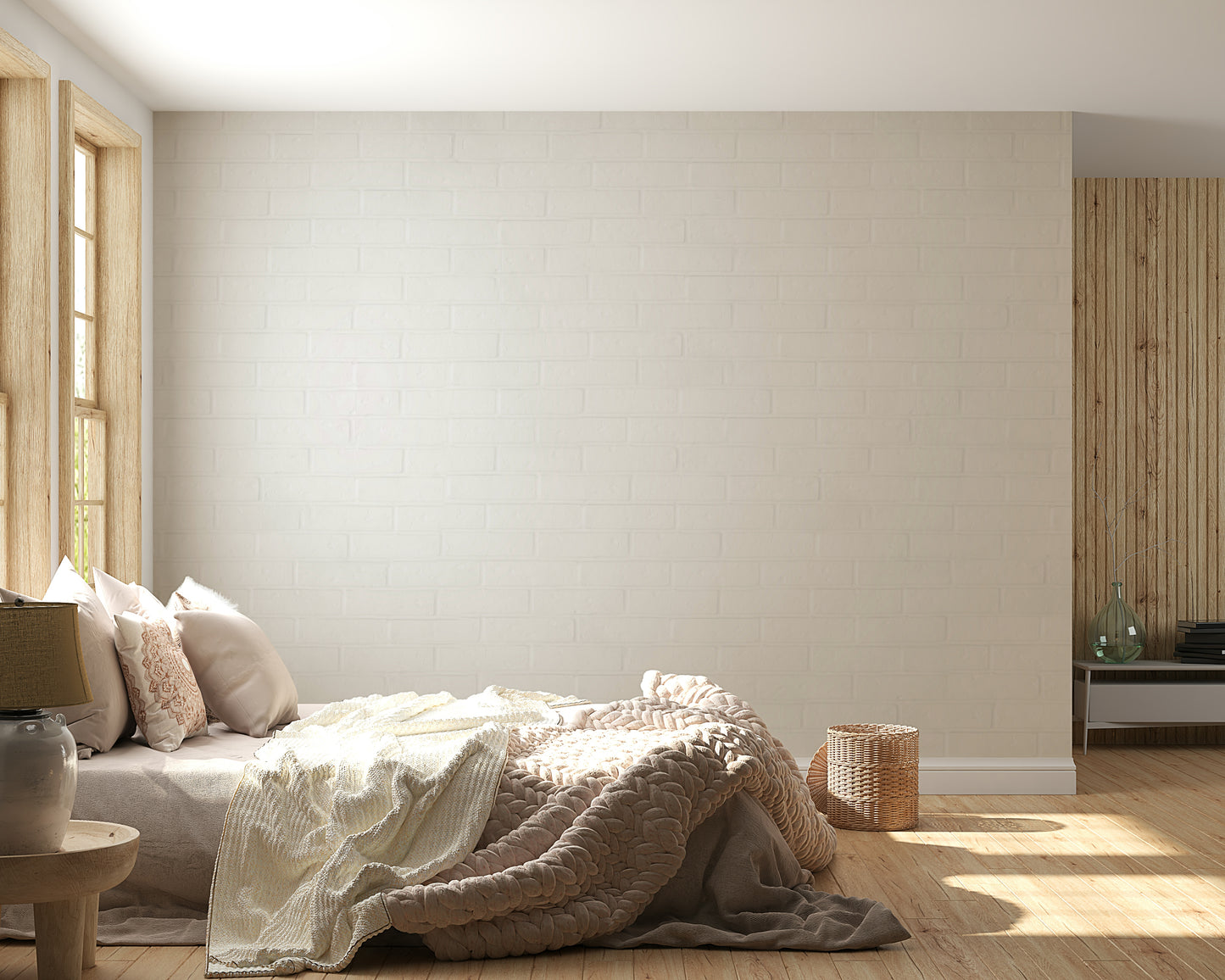 Kitchen nook featuring the light and airy whitewashed texture wallpaper mural.