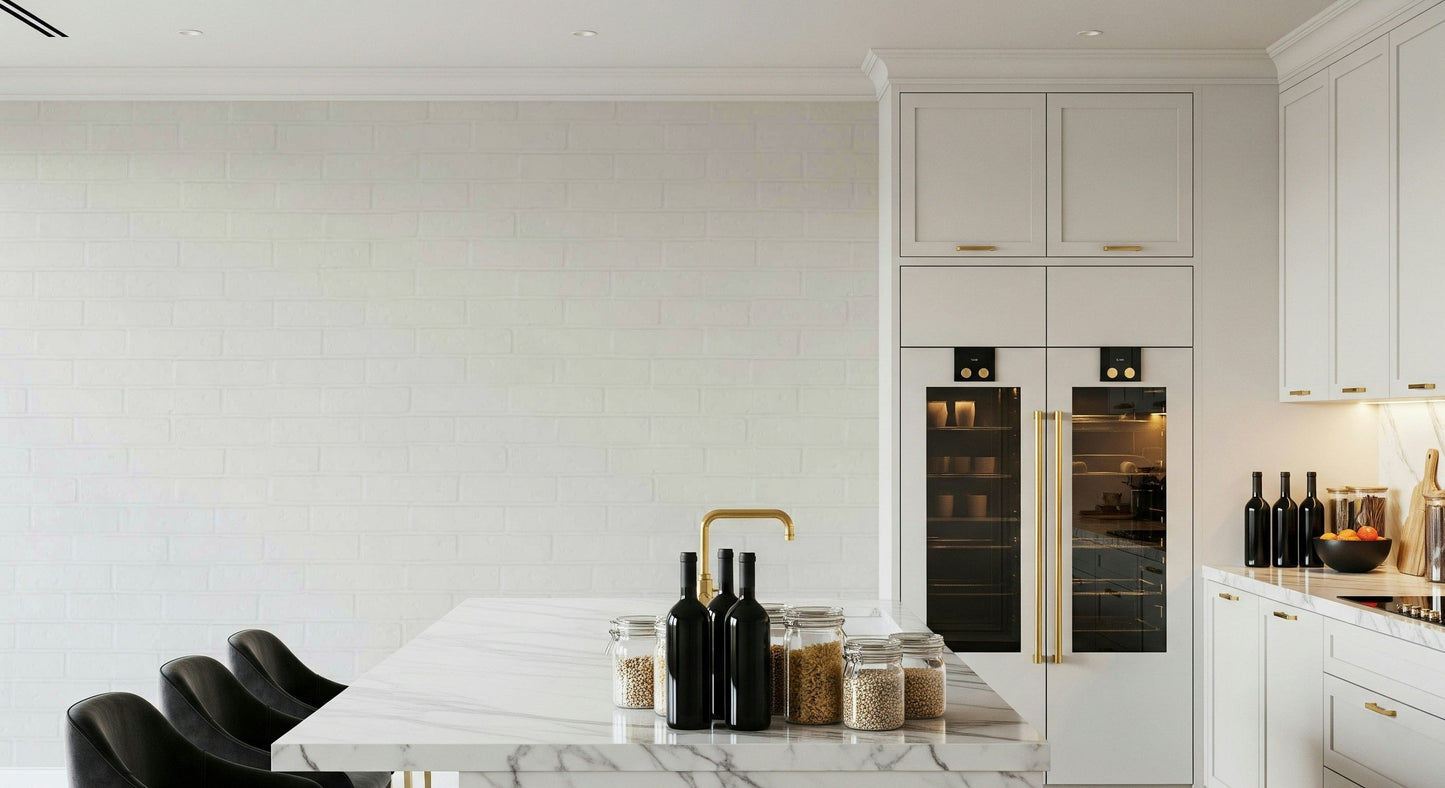 Whitewashed Texture wall mural detail behind a wooden console.