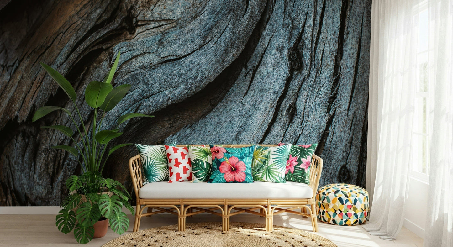 Detail shot of the worn paint effect on the Rustic Blue Wood wall covering.