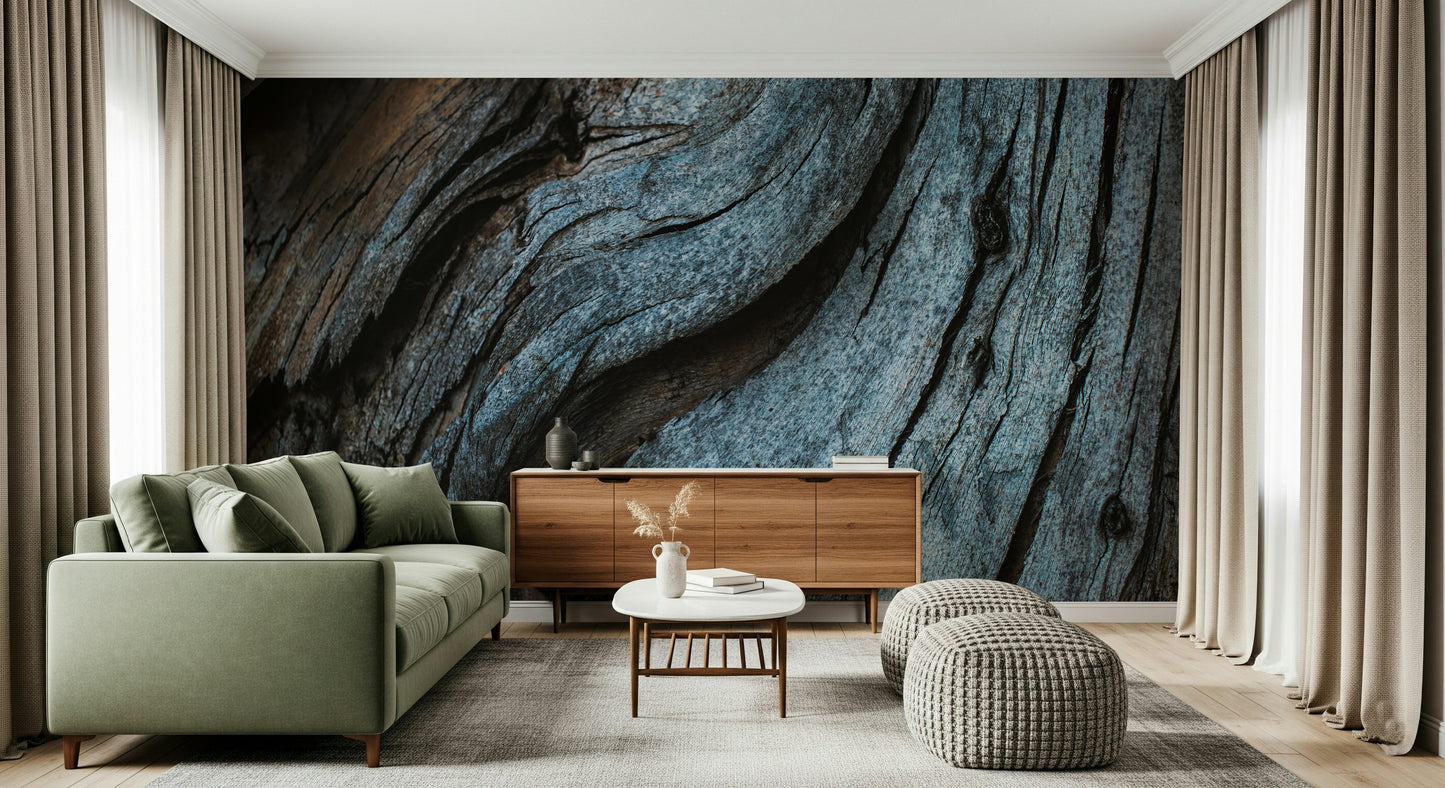 Close-up on the distressed wood grain of the blue wood mural.