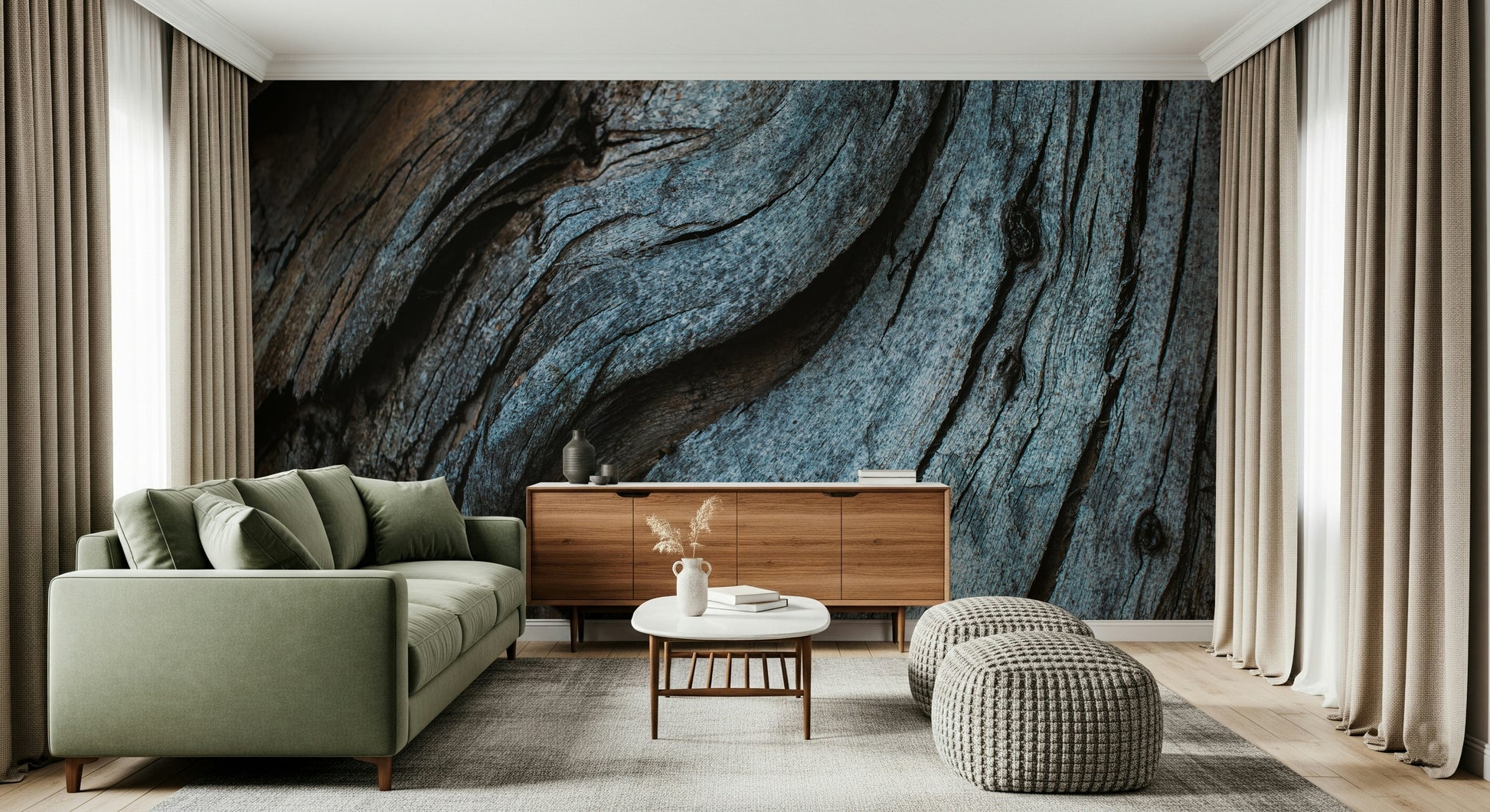 Close-up on the distressed wood grain of the blue wood mural.