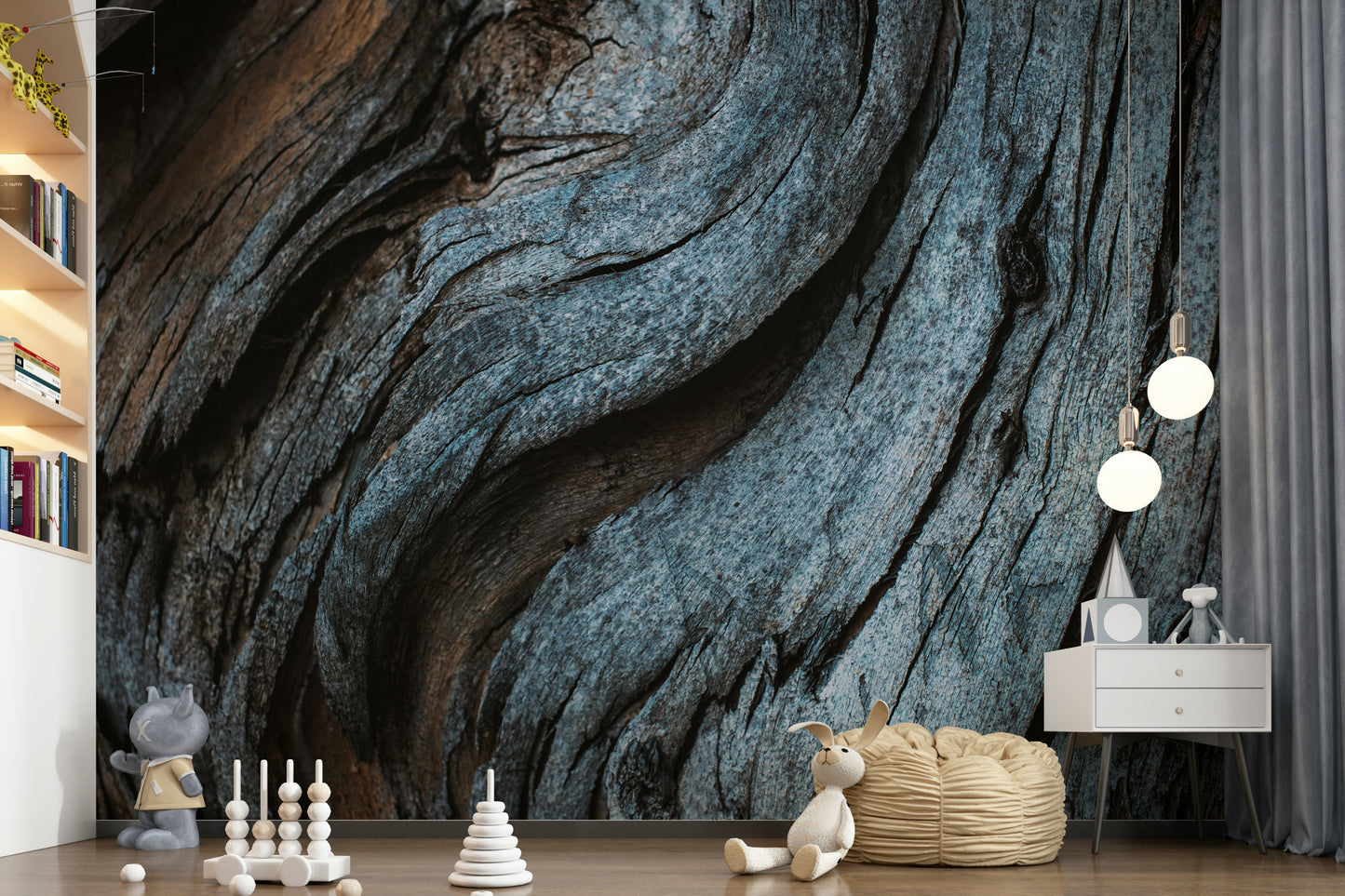 Living room featuring a full wall Rustic Blue Wood wallpaper design.