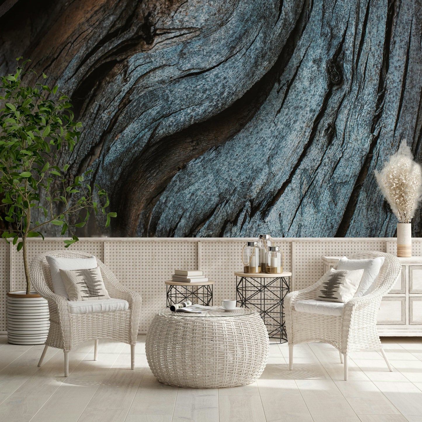 Peel and stick Rustic Blue Wood installed behind a white bed.