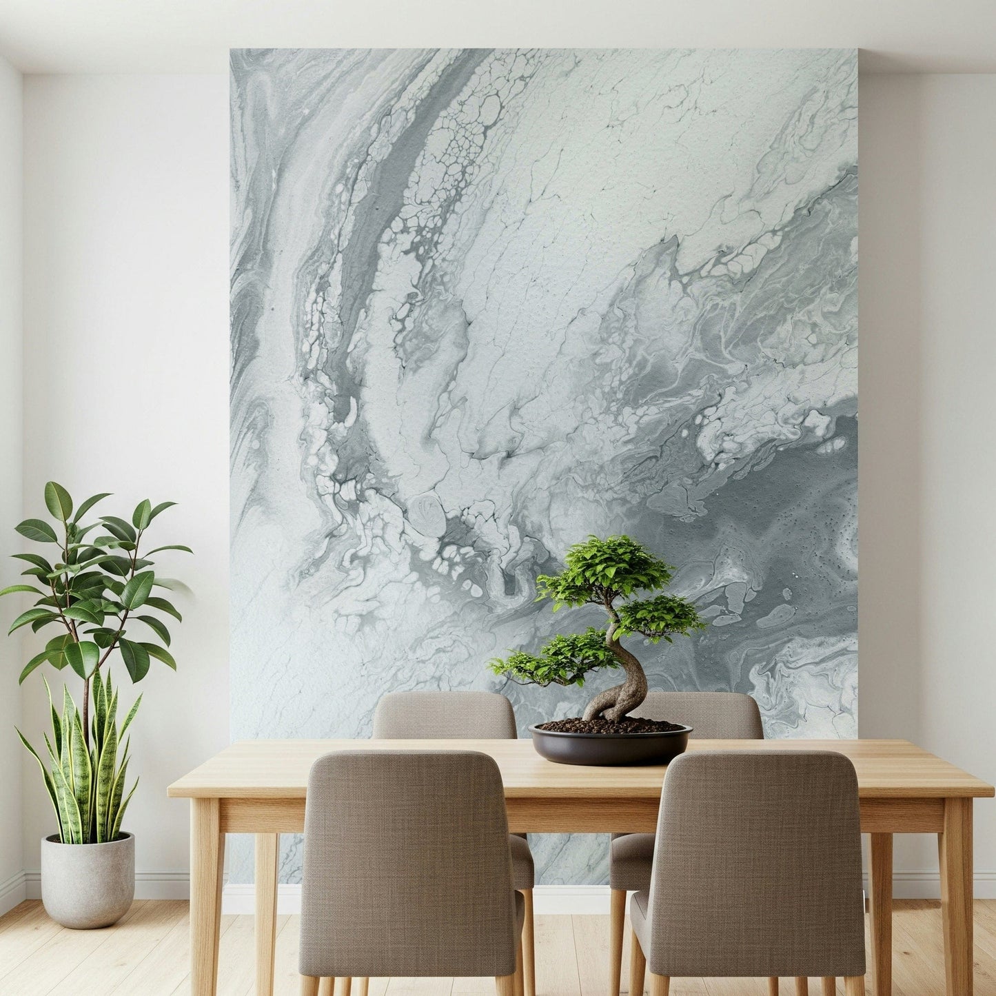 The abstract, fluid pattern of the Silver Swirls wallpaper for walls reflecting light.