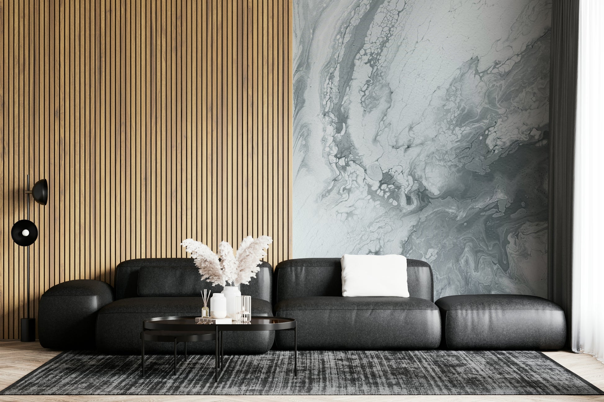 Designer interior featuring the ethereal beauty of the Silver Swirls Wall Mural.