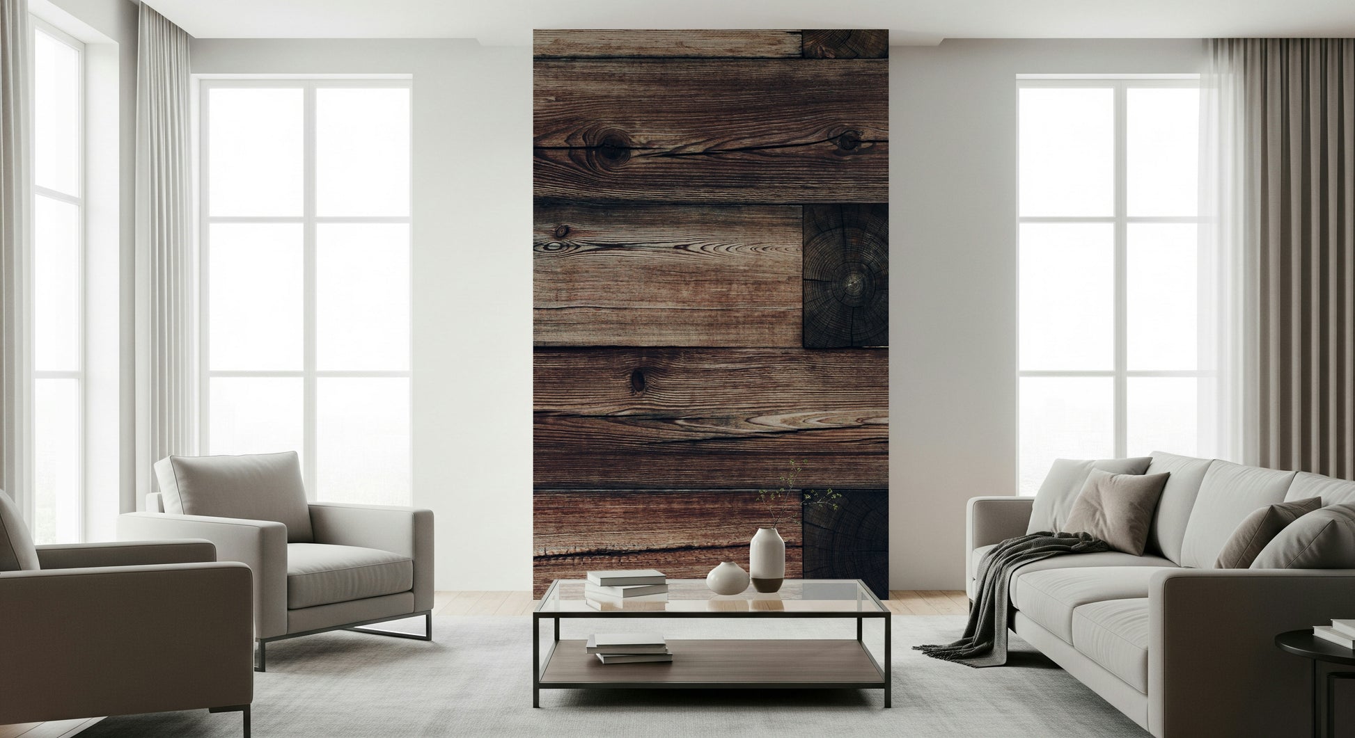 Stylish bedroom headboard wall featuring the classic Rustic Timber peel and stick wallpaper.