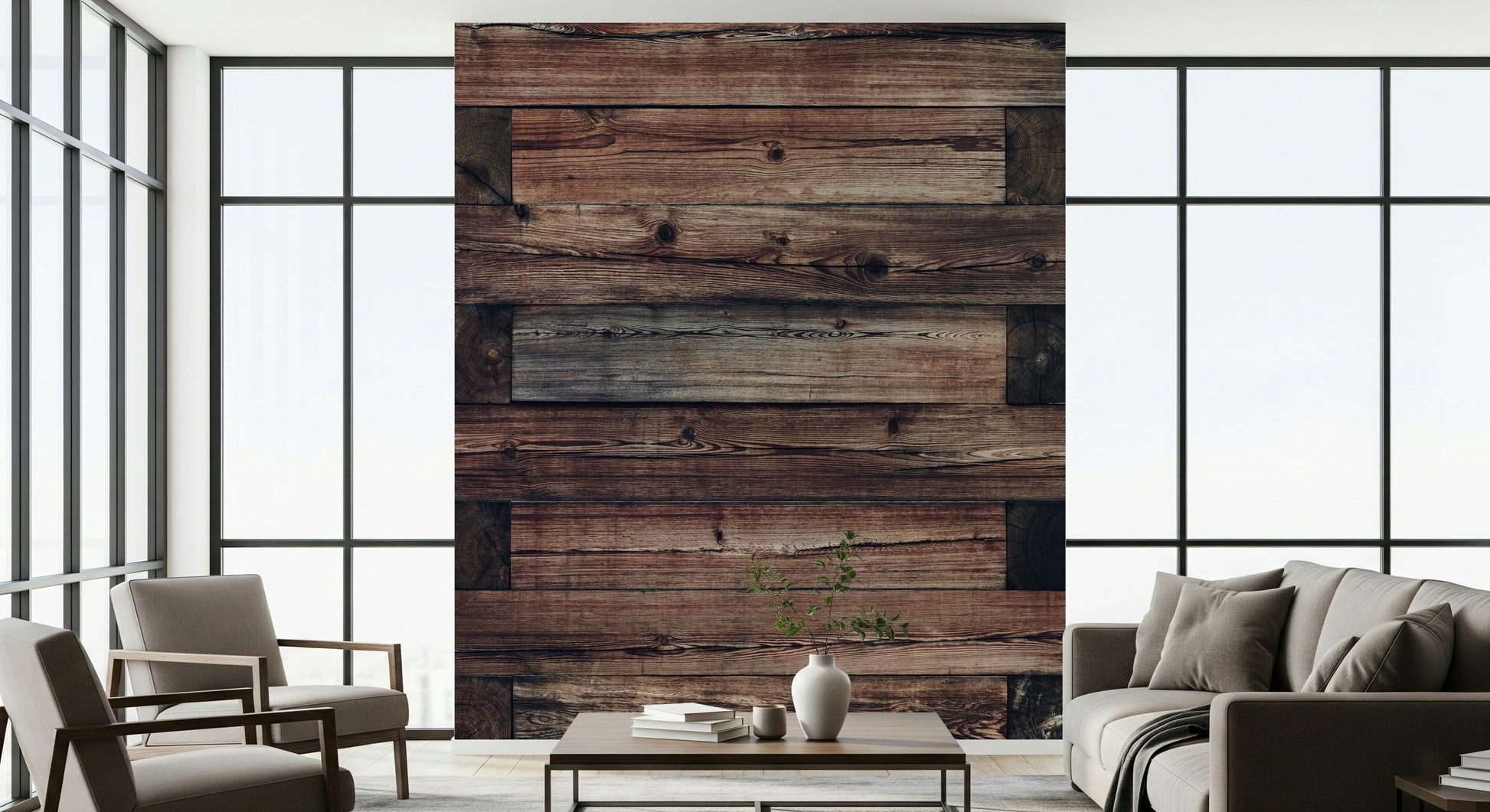 Designer interior featuring the reclaimed wood look of the Rustic Timber Wall Mural.