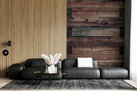 The weathered wood plank pattern of the Rustic Timber wallpaper for walls.