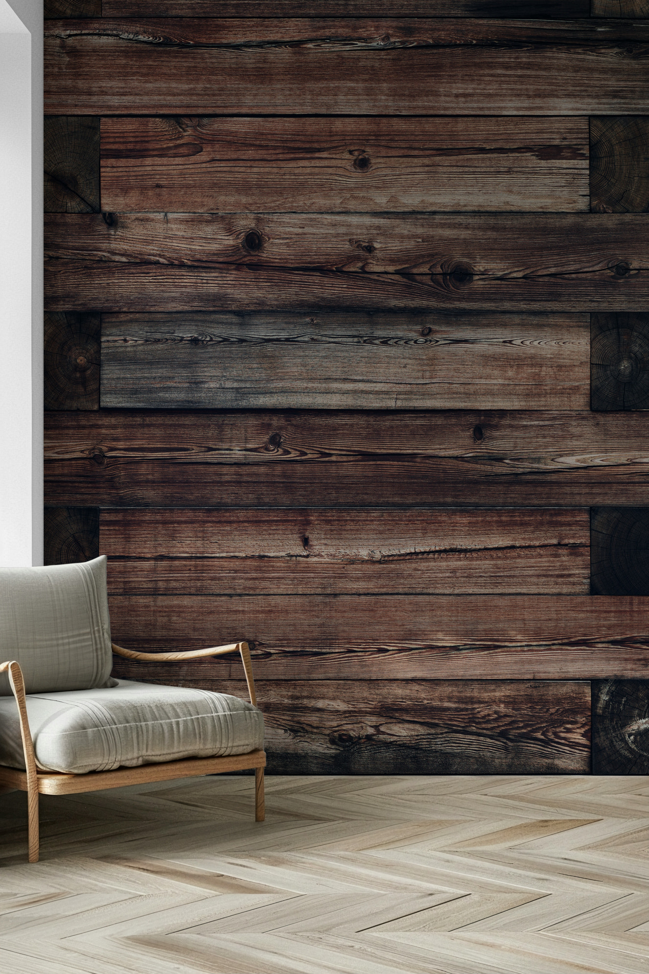 Rustic Timber Wall Mural creates a cozy farmhouse vibe in a living room.