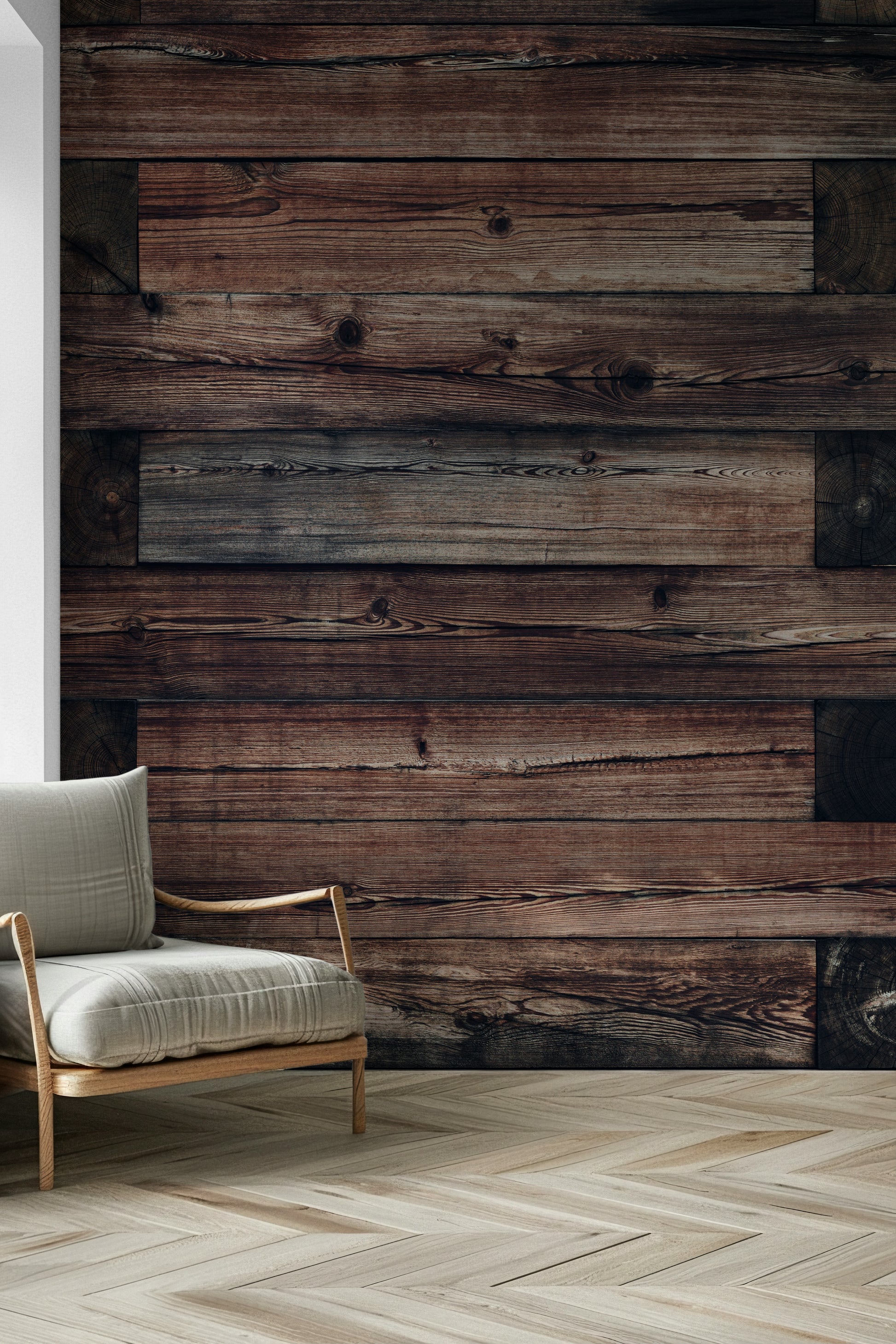 Rustic Timber Wall Mural creates a cozy farmhouse vibe in a living room.