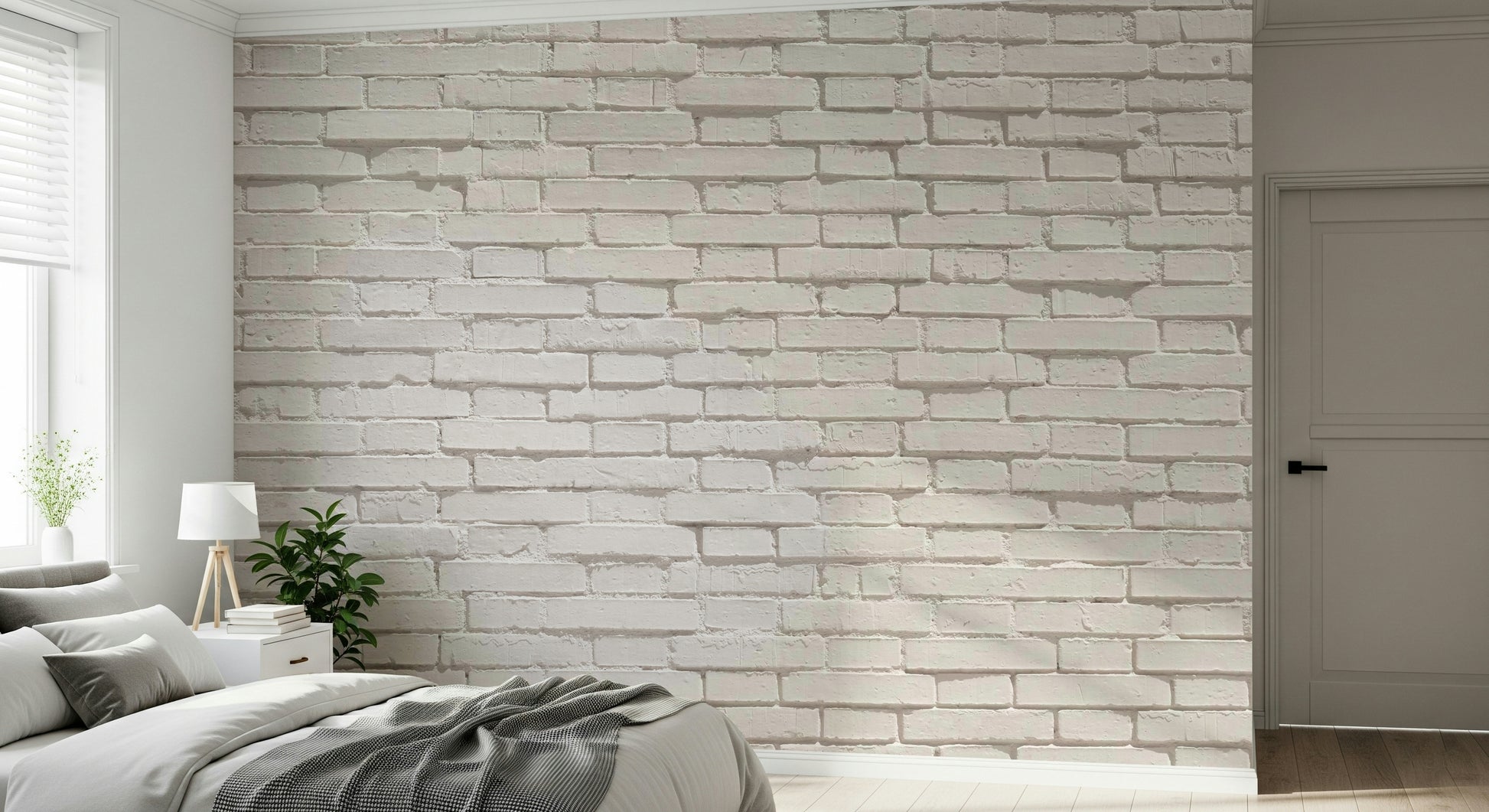 Full view of a modern dining area using the fresh Urban White Brick Wall Mural.