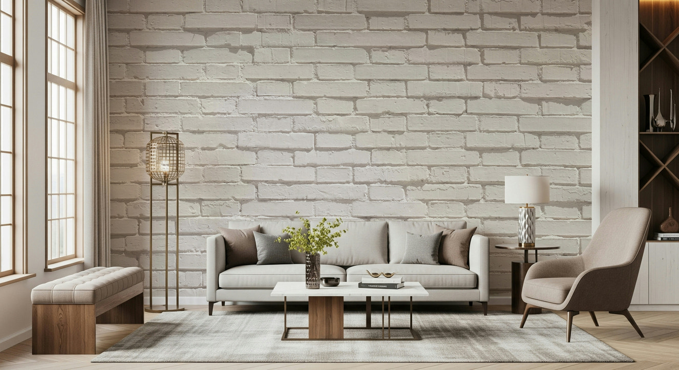 Urban White Brick Wall Mural brightening a stylish minimalist living room.
