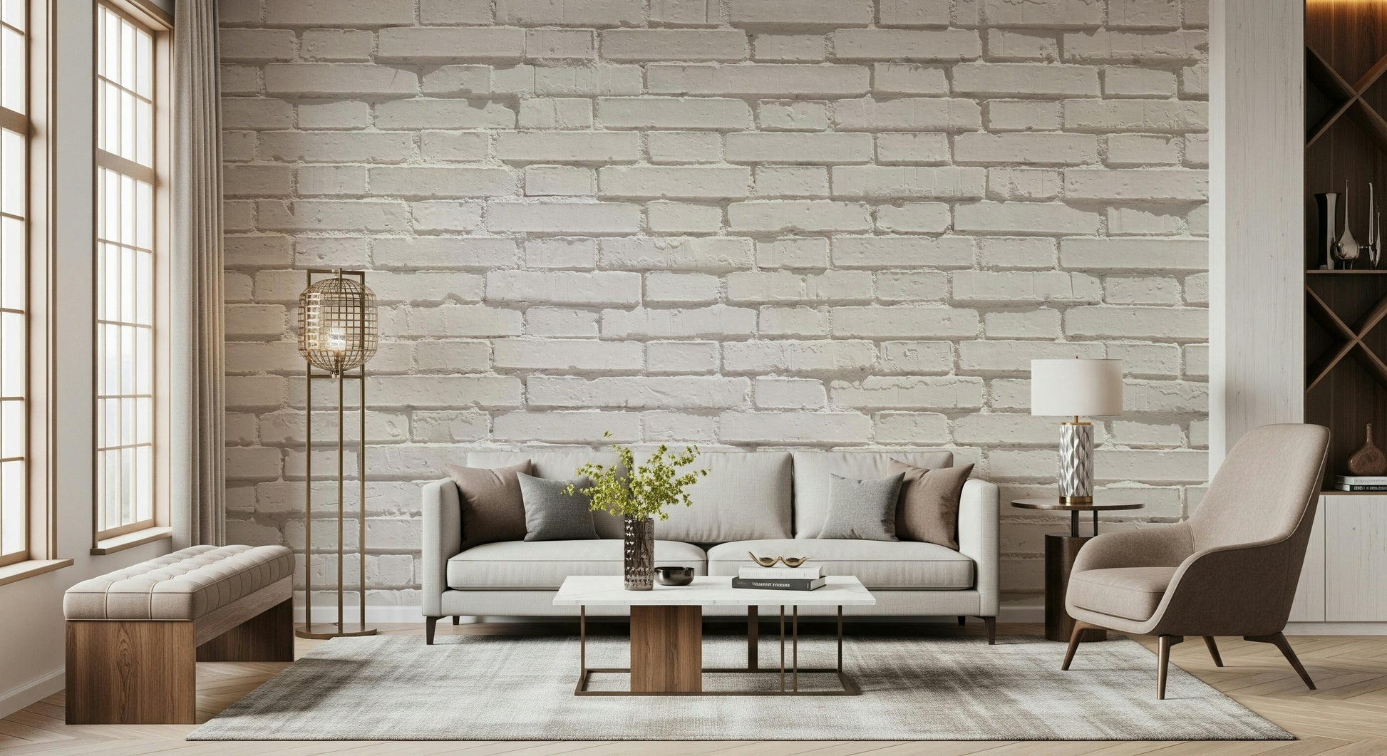 Urban White Brick Wall Mural brightening a stylish minimalist living room.