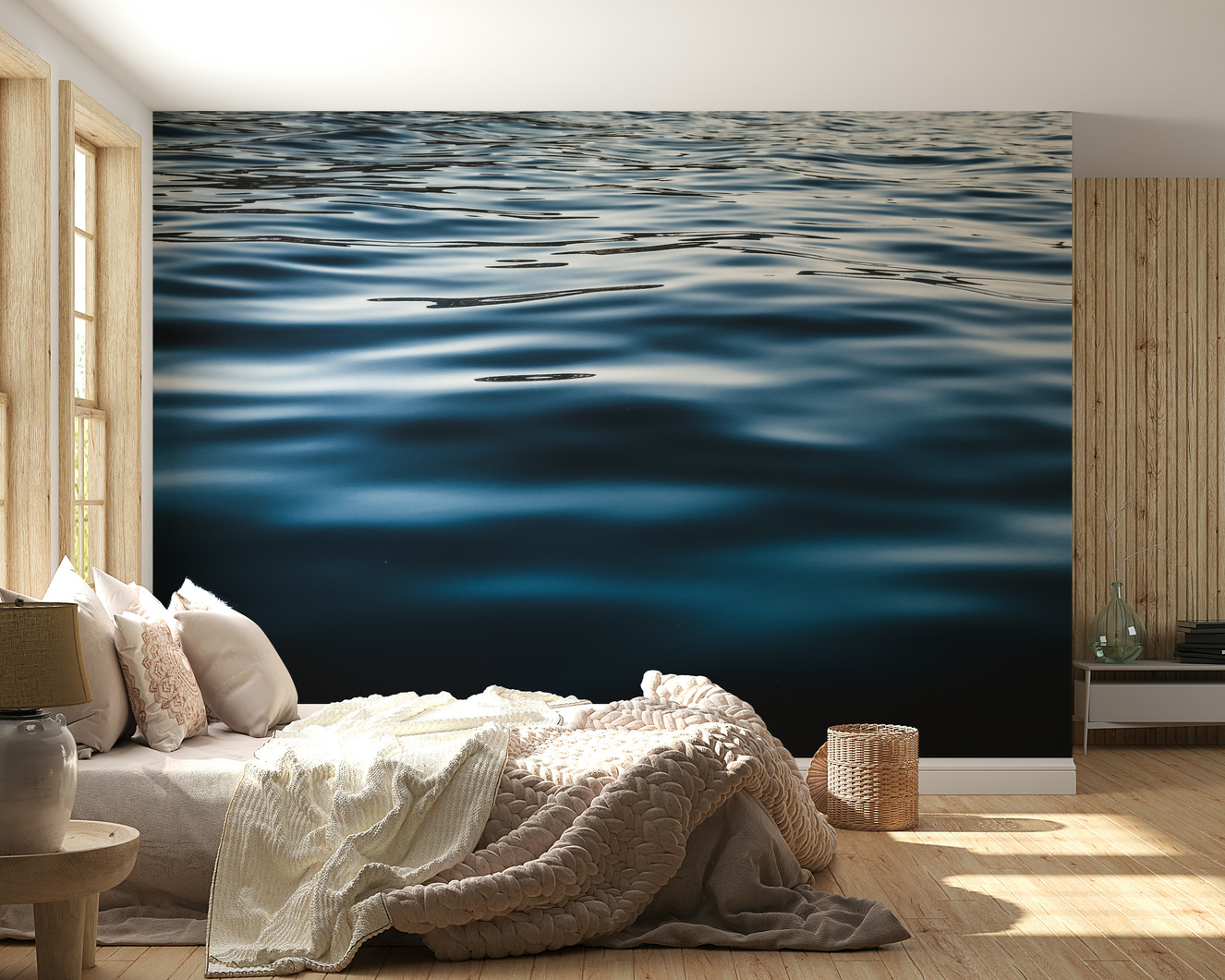 Deep Blue Waters Wall Mural creates a tranquil coastal look in a living room.