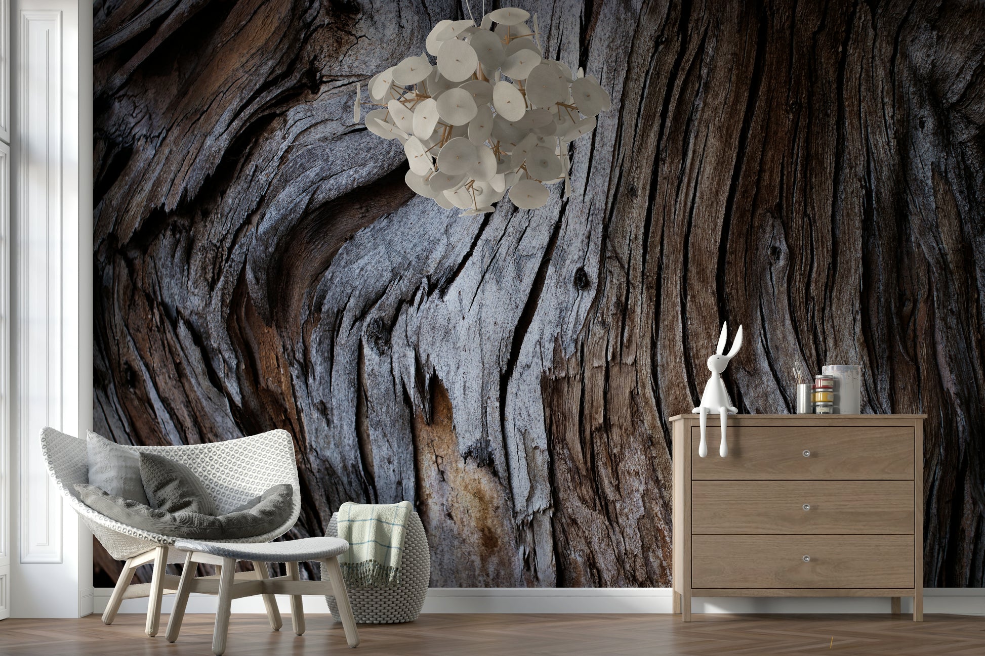 Designer interior featuring the reclaimed wood look of the Worn Timber Wall Mural.