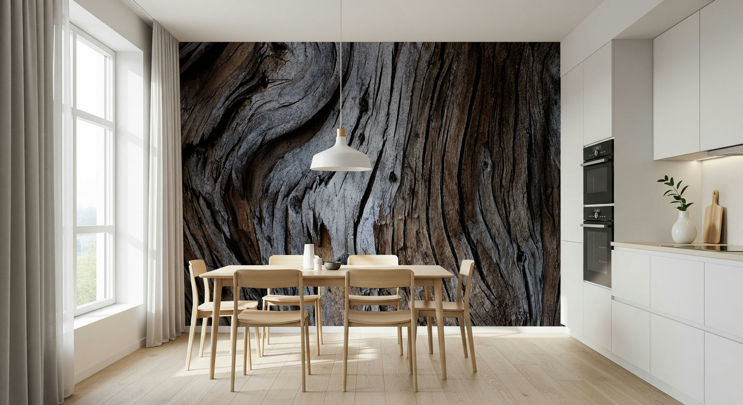 Full view of a dining space using the stunning Worn Timber Wall Mural backdrop.