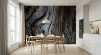 Full view of a dining space using the stunning Worn Timber Wall Mural backdrop.