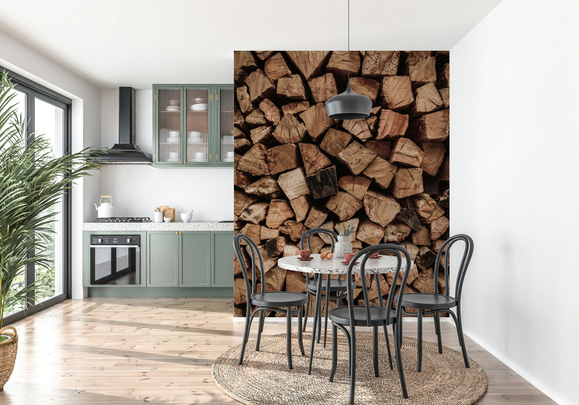 Woodpile Texture wallpaper mural creating a warm, natural feature wall aesthetic.