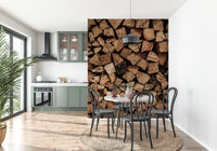 Woodpile Texture wallpaper mural creating a warm, natural feature wall aesthetic.