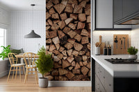 Installation image of the simple-to-apply Woodpile Texture peel and stick wallpaper.