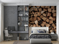 Detailed photo of cut log ends on the Woodpile Texture wallpaper for walls.