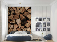 Full cozy living room featuring the rustic Woodpile Texture wallpaper for walls.