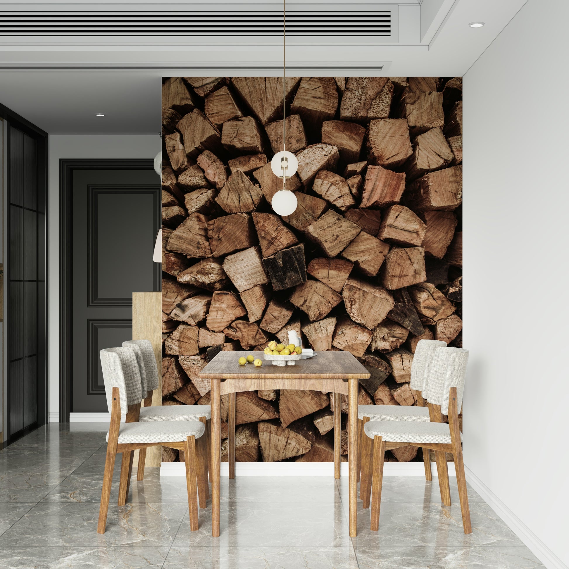Seamless pattern of the Woodpile Texture mural showing the stacked log effect.
