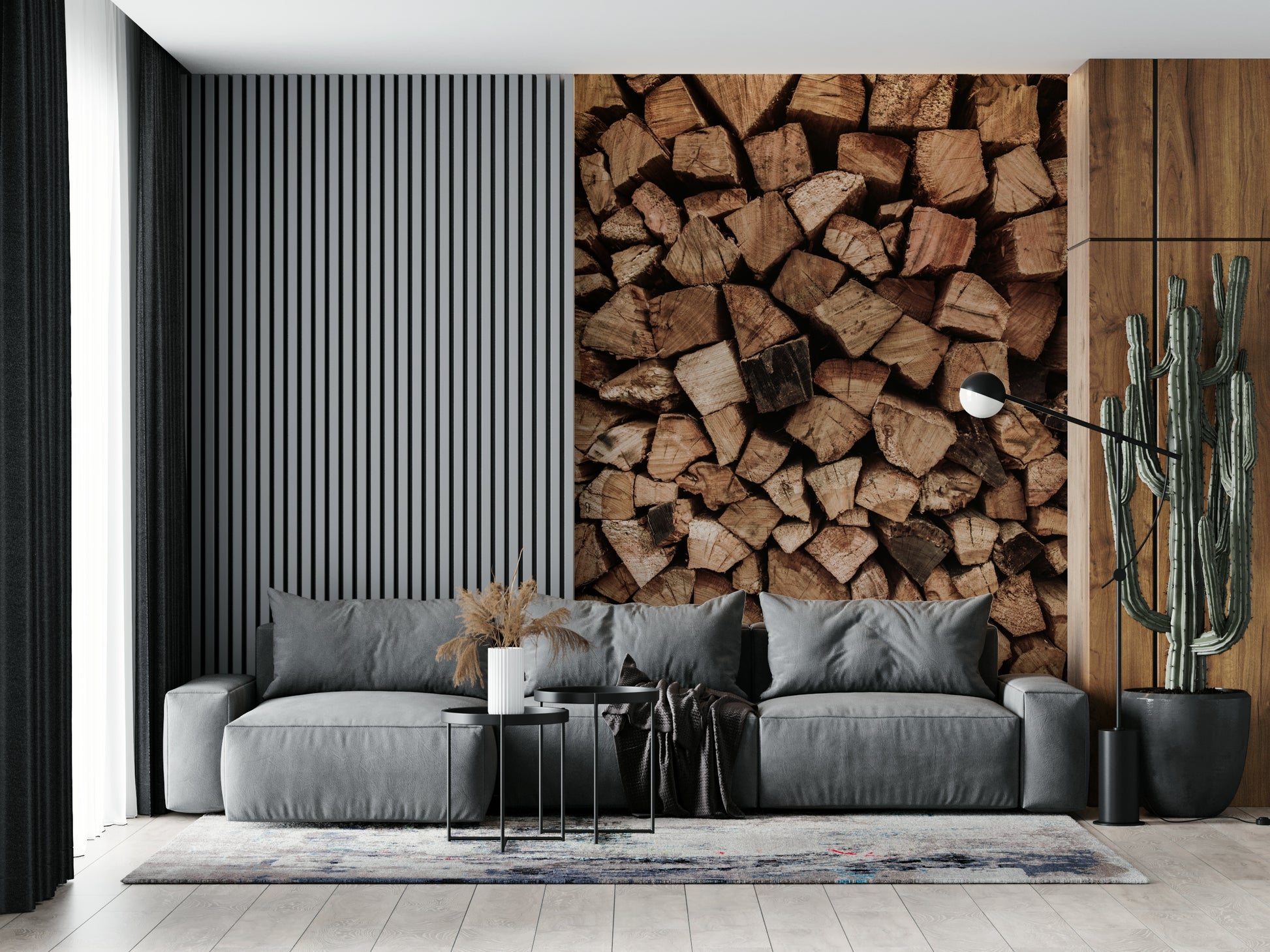 Bedroom wall showing the charming depth of the Woodpile Texture peel and stick mural.