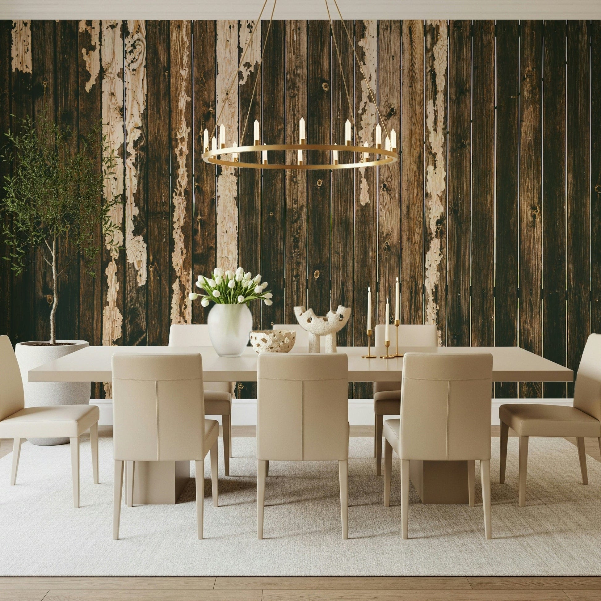 Full room view featuring the cozy Weathered Wood Wall Mural wallpaper for walls.
