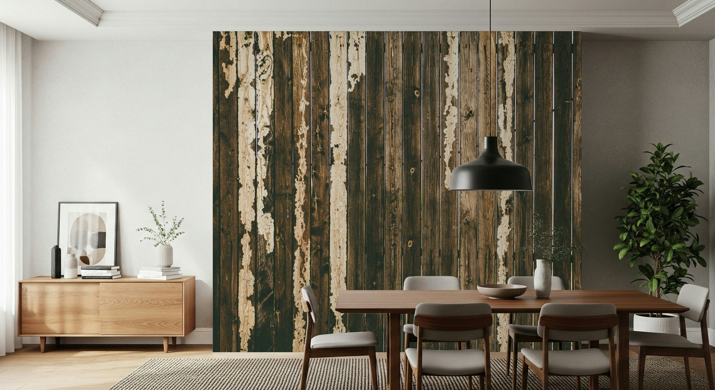 Bedroom accent wall with the rustic Weathered Wood plank peel and stick mural.