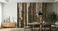 Bedroom accent wall with the rustic Weathered Wood plank peel and stick mural.