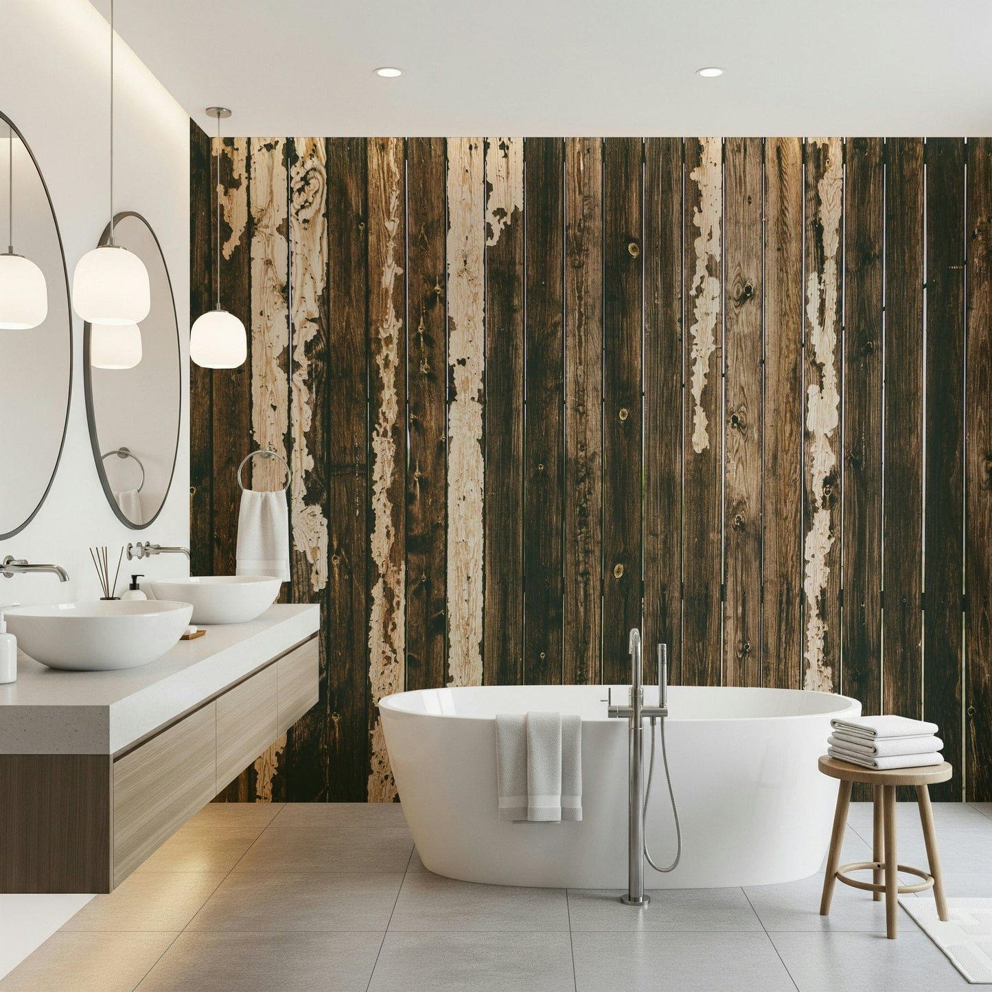 Weathered Wood wallpaper mural creating a comforting, natural feature wall aesthetic.