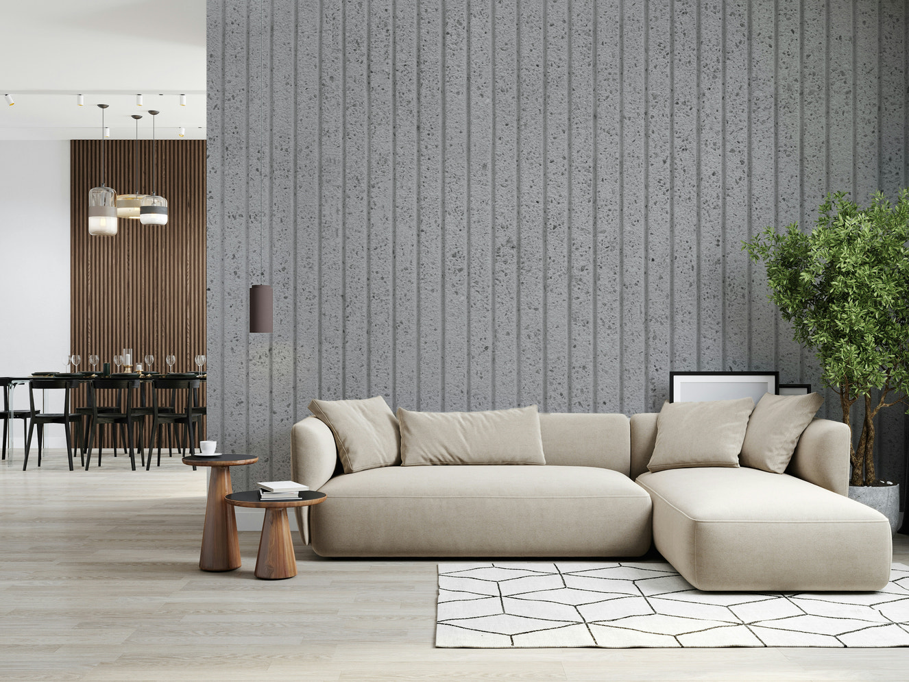 Linear Concrete Illusion Wall Mural close-up, modern textured gray wallpaper.
