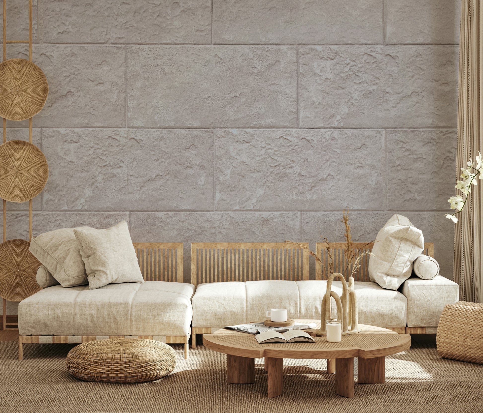 Textured white stone on the Elegant Stone Blocks wallpaper for walls, full view.