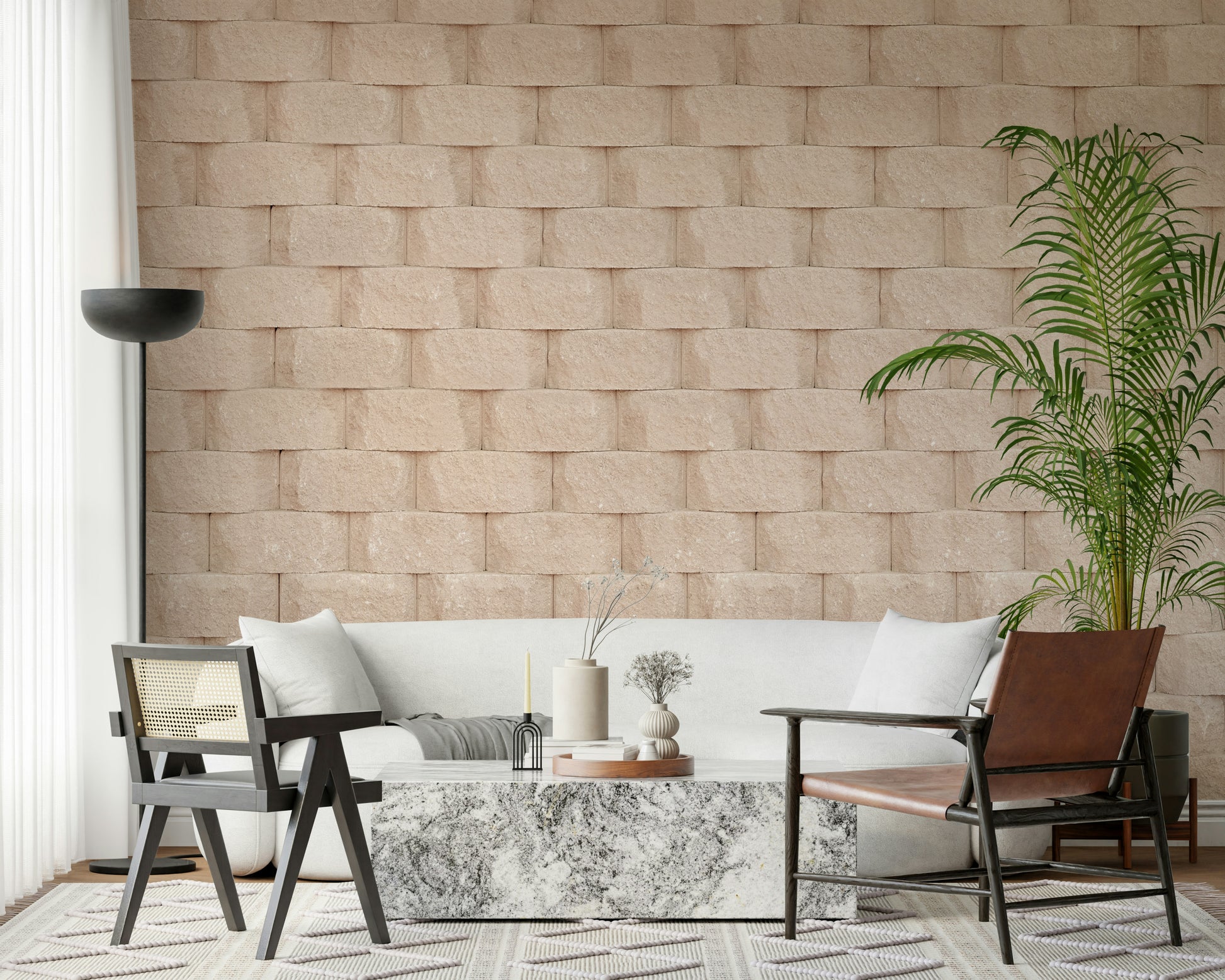 Full living room featuring the modern Textured Blocks wallpaper for walls.