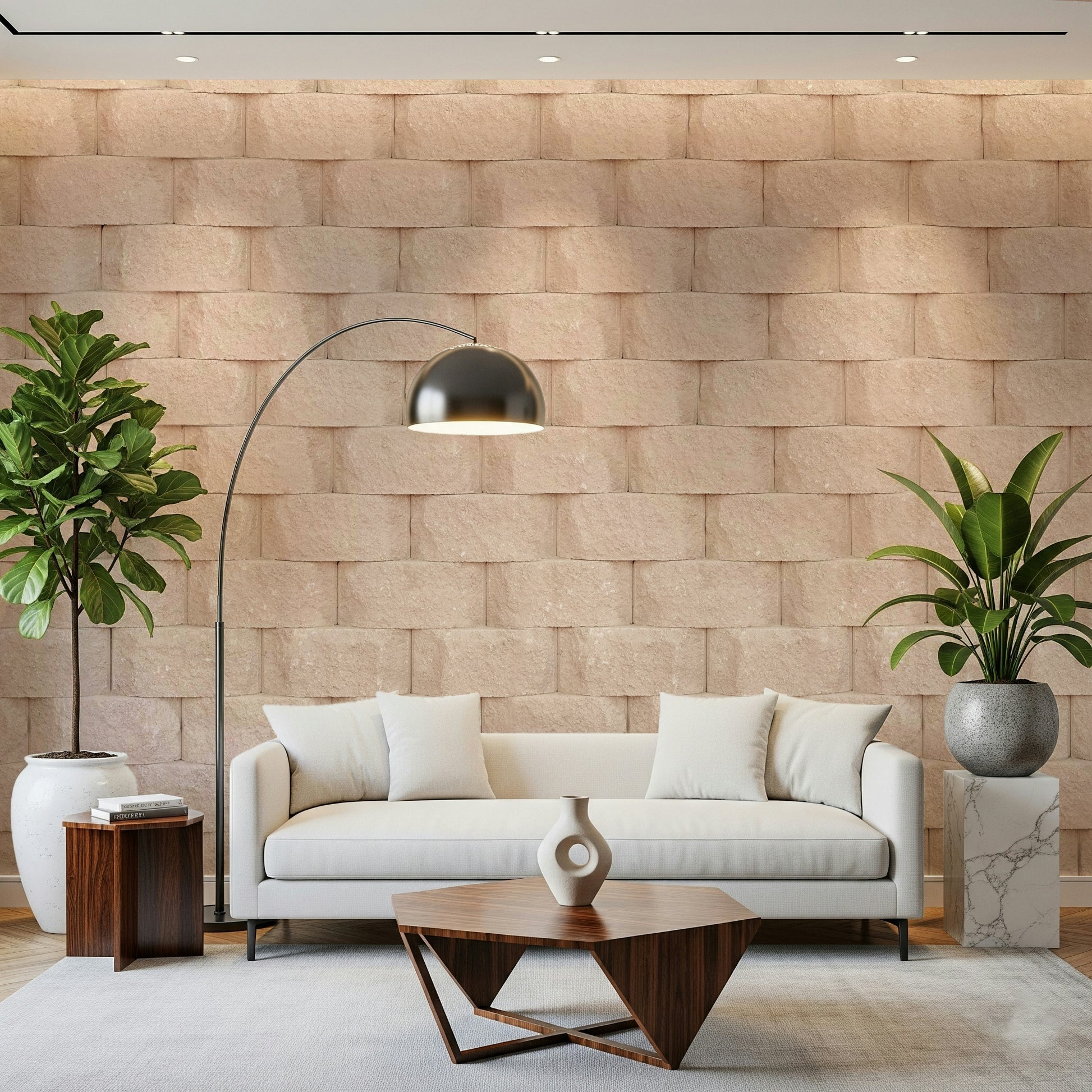 Realistic close-up of the light beige stacked textured blocks wall mural.