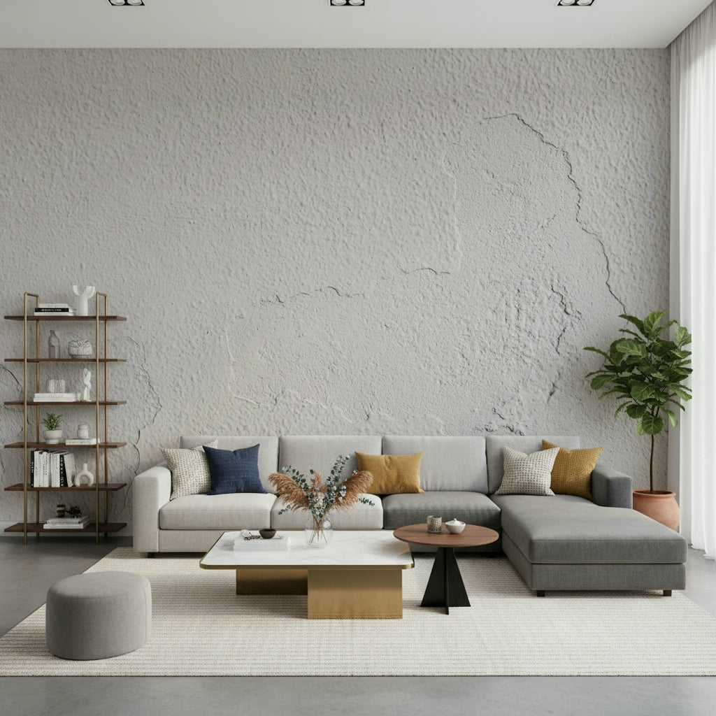 The Imperfect White Wall Wall Mural providing a bright, airy backdrop to furniture.