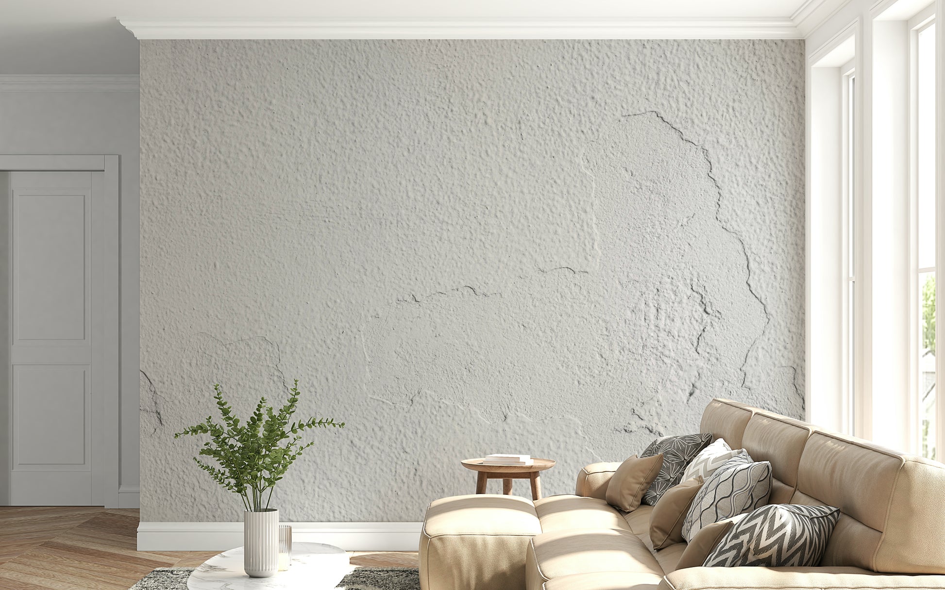 Subtle shadow play on the textured surface of the white wallpaper for walls.