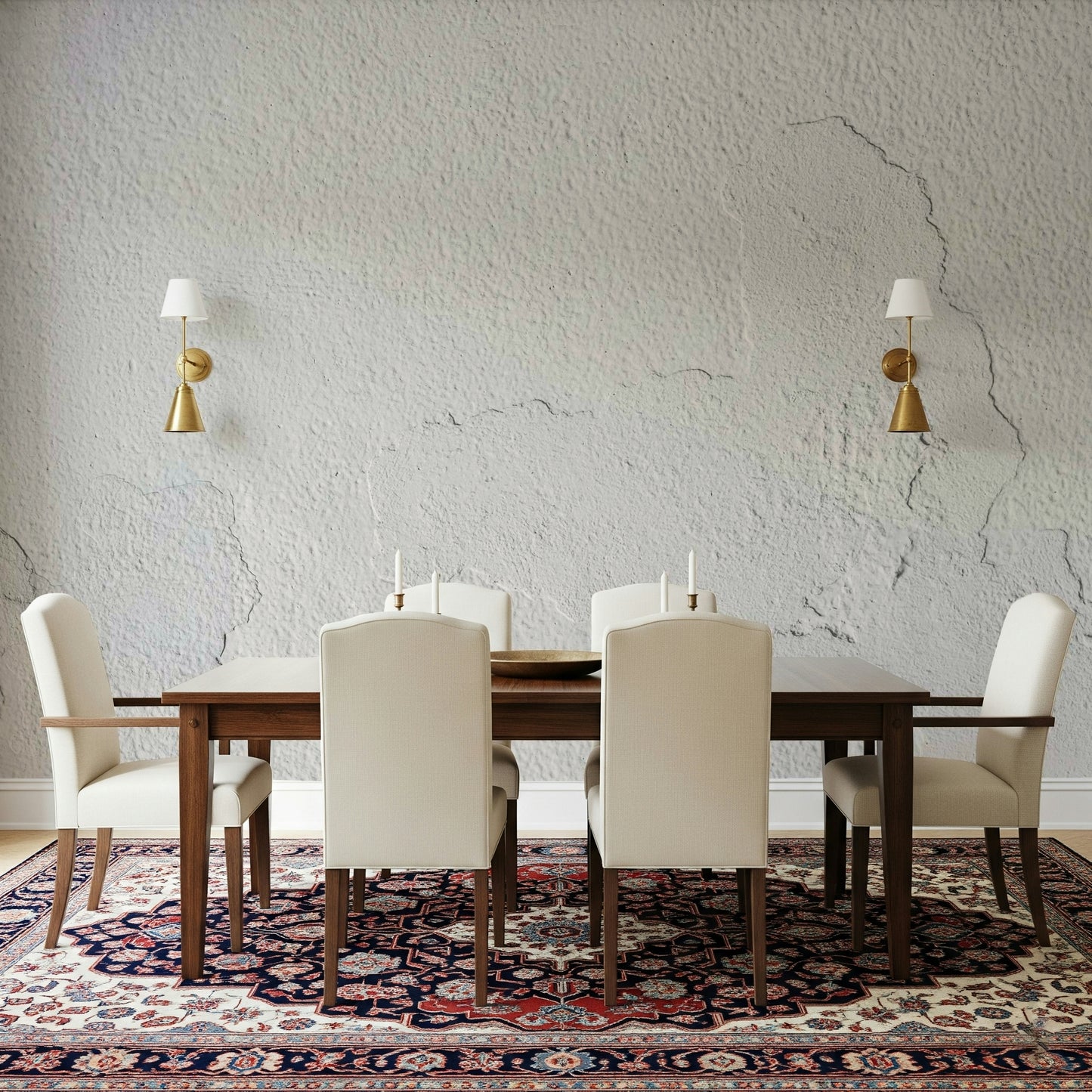 Detailed view of the faux peeling paint effect on the white peel and stick wallpaper.