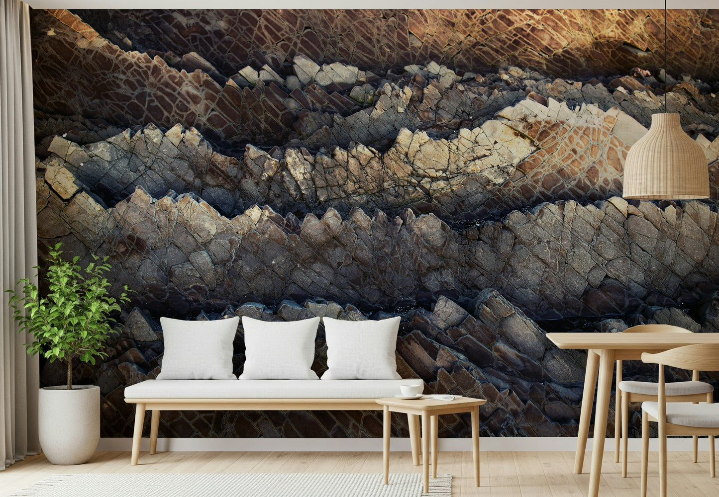 Detailed view of the realistic strata in stone mural design.