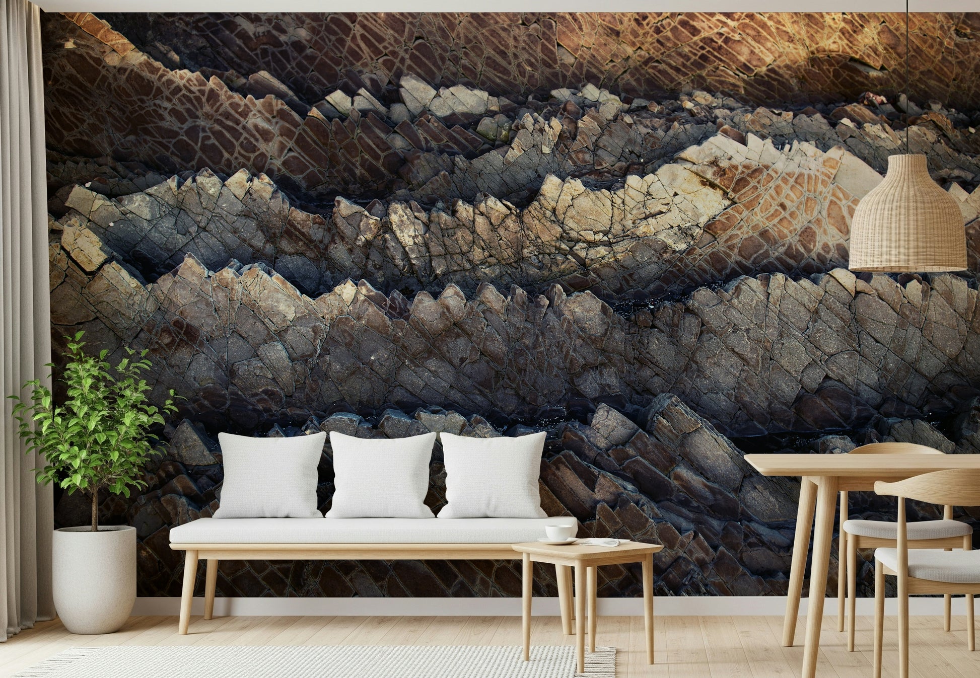 Detailed view of the realistic strata in stone mural design.