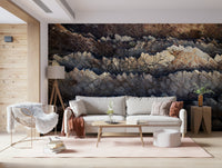 Accent wall with the dimensional Stratified Stone wallpaper mural.