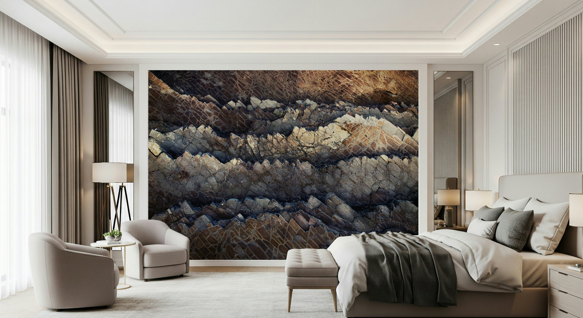 Contemporary interior design using the stratified stone mural.